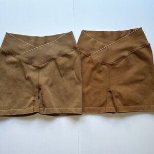 JoyLab Women's Cross Waistband Biker Shorts 4" Beige/Light Brown, Medium, 2Pk